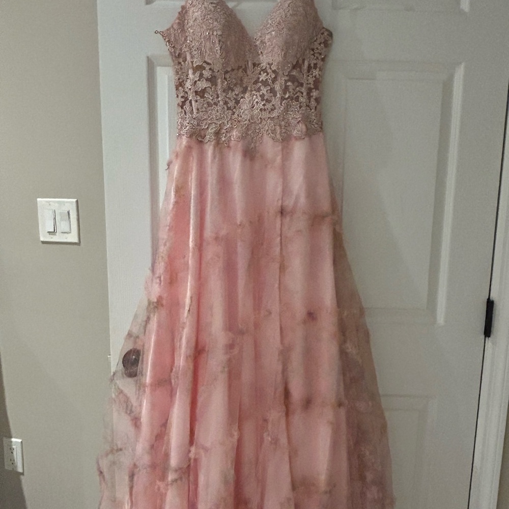 Camille La Vie Pink Lace Evening Gown